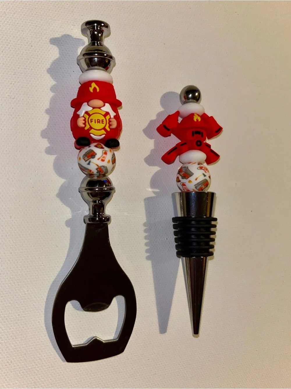 Red Firefighter-Themed Bottle Opener and Wine Stopper Set